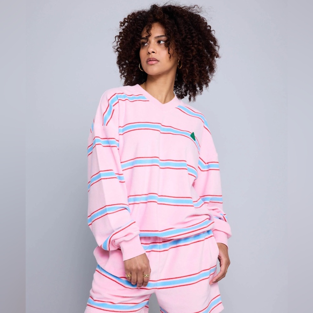 UNISEX TERRY TOWEL Pink Striped Lounge SWEATSHIRT  Comfortable Crew